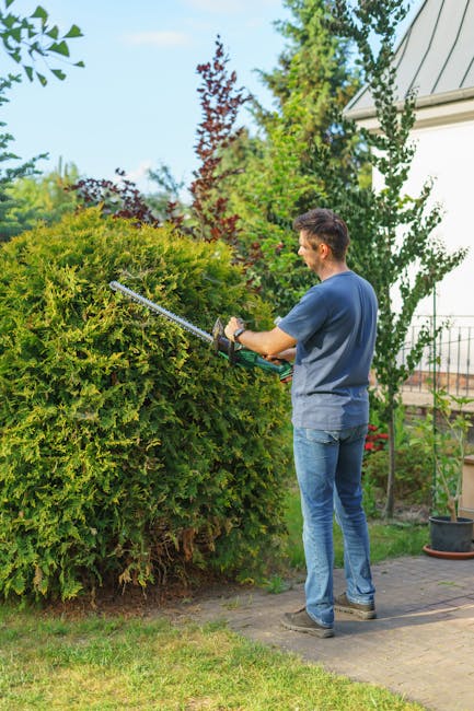 A man and a woman working together in a lush garden during daytime, engaged in hedge trimming and pruning as part of garden maintenance. The man, wearing a beige cap and brown jacket with a fleece col